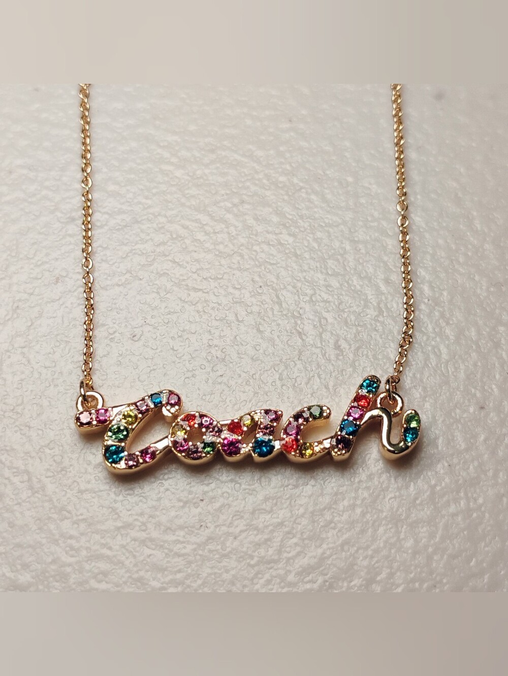 Coach Gold Necklace NEW - Multicolor Rainbow Crystals In Script